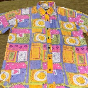 Vintage 80s Croquet Club 100% Silk Print Short Sleeve Button-Up Top M Medium